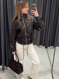 Elastic Drawstring Leather Jacket Zipper Stand Collar Long Sleeved Short Jackets Lady 2026 Autumn Women Chic Street Outerwear