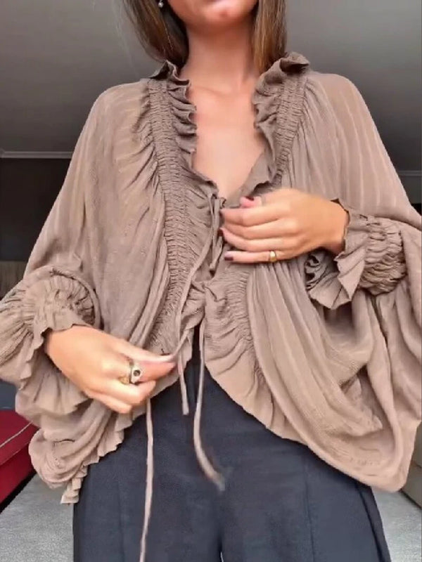 Elegant Ruffle V Neck Tie Front Flowy Blouse Brown Batwing Lantern Long Sleeve Loose Shirt Women Chic Daily Vacation Street Wear