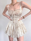 Medieval Retro Satin Mini Dress & Lace Shorts Coquette Floral Corset Camisole Rompers Date Party Summer Women Clothes