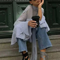 Solid Spliced Ruffles Slimming Blouses for Women O Neck Long Sleeve High Waist Shirts Female Fashion