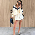 Color Block Zip Up Two Piece Set Women Long Sleeve Stand Collar Cropped Jacket High Waist Shorts 2026 Spring Summer Casual Suit