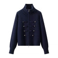 Women's Vintage Knit Cardigan Sweater Jacket Stand Collar Double Breaste Two Way Zipper Loose Street Coat Autumn Winter