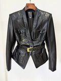 2026 Latest Design Slim Pu Leather Jacket Black Quality Blazer Belt Women Fashion Jackets Coat
