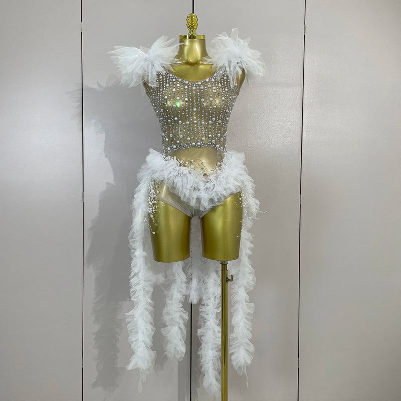 Luxury Sparkly Rhinestones Pearl Fringe Tassel Bodycon Bodysuits Birthday Photo Shoot Outfit DJ Nightclub Performance Stage Wear
