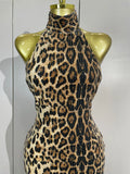 Women Sexy Eveing Party Club Birthday Stage Dress Elegant Halter Leopard Sleeveless Shiny Sequins Backless Bodycon Long Dress