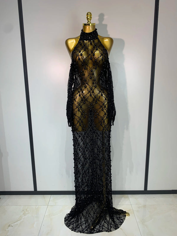 Women Luxury Black Pearls Lace Backless See Through Long Dress With Gloves Evening Club Party Celebrity Elegant Stage Costume