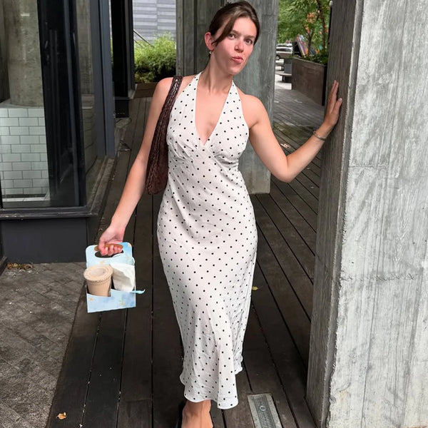 Polka Dot Hanging Neck Long Dress Women Elegant Strapless Sexy Lace-up Sleeveless Backless Fashion Club Party Dresses