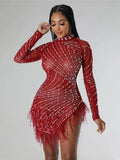 Sexy Pearls Rhinestone Party Dresses Women Elegant Nightclub Feather Birthday Dress Long Sleeve Mesh Sheer Bodycon Dress