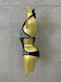 Gold Luxurious Black Bodysuit Women Sexy Halter Neck Iridescent Crystal Embellished Cutout Outfit Stage Performance Costume