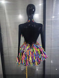 Colorful Draped Shining Rhienstones Women Long Sleeve Sexy Mesh Bodycon Mini Dress Nightclub Bar Singer Party Performance Wear