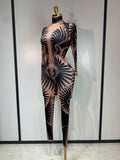 Sexy Long Sleeves Print Rhinestone Jumpsuits Drag Queen Show Stage Performance Costume Women Evening Party Nightclub Rompers