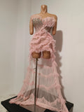 Sparkly Diamond Strapless Mesh Ruffled Pink Long Dress Birthday Evening Party PhotoShoot See Through Bar Nightclub Stage Costume