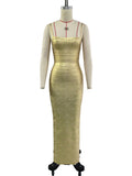 2026 Women Sexy New Sleeveless low-cut Striped Gold Long Dress Party Costume Bar Nightclub Stage Performance Clothing