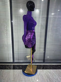 Purple Color Women Long Sleeve Shining Rhinestones Mesh See Through Bodycon Mini Dress Draped Celebrate Nightclub Party Outfit