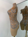 Sparkly Red Rhinestones Women Sexy Mesh See Through High Stretch Bodysuit Nightclub Performance Dance Costume Singer Stage Wear