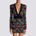 Women's Colorful Printed Jacquard Glam Deep V Mini Dress Fashion Hot Socialite Party Evening Performance Gown Robes Bal De Promo