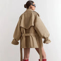 Women's Double Breasted Trench Coat Lapel Waist-Cinching Lace Up Mid Length Windbreaker Jacket Autumn Casual Street Coat