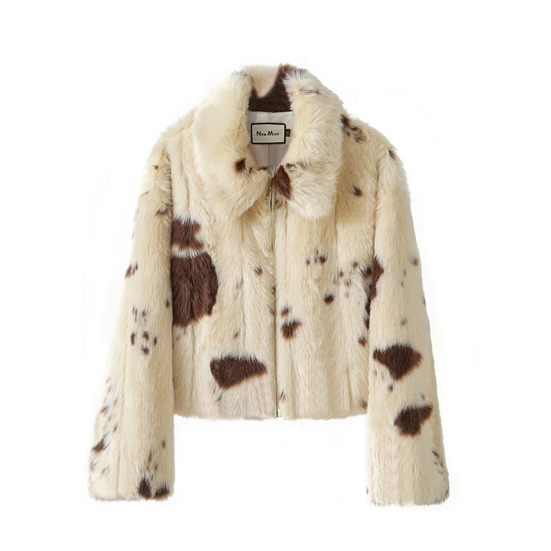Chic Street Girls Cow Print Fur Coat Women 2026 Winter New Brand Fashion Warm Faux Fur Jacket Autumn Iconic Streetwear