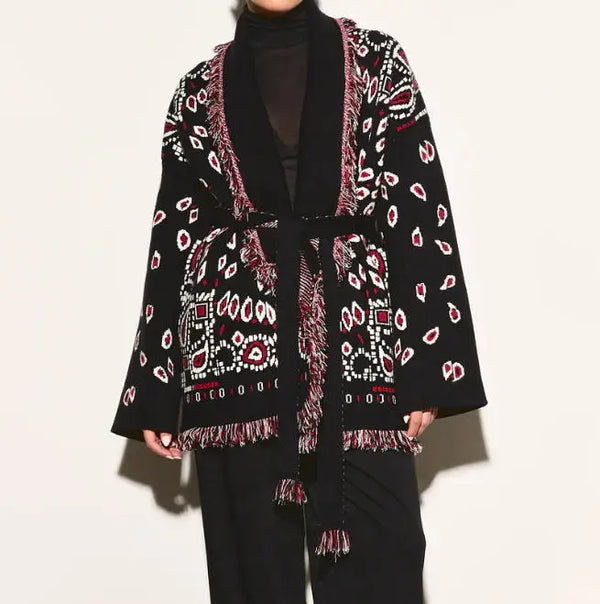 Women's Shawl Collar Fringe Knitted Cardigan Self Fabric Belt Waist Ethnic Print Loose Long Sleeve Mid Length Coat Autumn Casual
