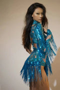 Sexy Skinny Leotard Singer Dancer Show StageWear Sparkly Blue Rhinestones Women DanceCostume Fringes One Shoulder Bodysuit  7G