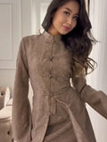 Chic Oriental Slim Long Dress Set Women Casual Stand Collar Full Sleeve Knot Button Slit Hem Suit Spring Lady Street Wears New
