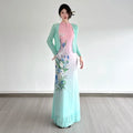 Printed Pink Green Elegant Cheongsam Dress Retro slim-fit Mesh Sleeveless Long Dress For Women Dance Qipao