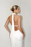 Elegant Solid Ribbon Women Halter Dress Off Shoulder Pearl Chain Backless Slim Female Maxi Dresses Wedding Gowns Chic Lady Robe