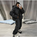 Women Winter Two‑Piece  Leopard Print Hooded Puffer Jacket Outfit Loose Cuffed Jogger Pants Warm Casual Streetwear Matching Set