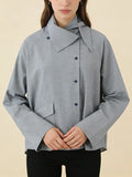 Minimalist Casual Style Gray Oversized Shirt for Women Stand Collar Long Sleeve Buttons Accent for Office Commute