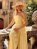 Irregular Slit Vacation Long Dress For Women Elegant Contrast Slim Ribbon Dress Back Lace Up Female Strapless Summer New