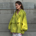Women Short Trench Coat Lapel Collar Belt Waist Cinched Oversized Long Sleeve Windbreaker Jacket Shoulder Epaulets Spring Autumn