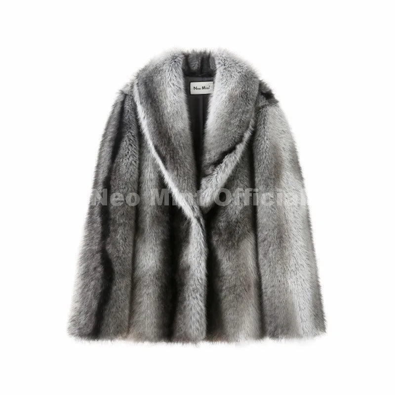 Fashion 90s Vintage Retro Brown Striped Faux Fur Coat Women Winter Chic Scraf Collar Overcoat Fox Fur Jacket