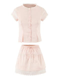 Casual Two Piece Set for Women Lapel Short Sleeve Slim Top Mid Waist Spliced Bow Short Skirts Sweet Outfit Female