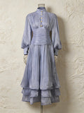 Luxury Afternoon Tea High Neck Pleated Maxi Dress for Women Puff Sleeve Ruched Waist Tiered Flared Skirt for Wedding Guest