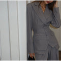 Women Solid Lapel Neck Top Pant Suit Set Elegant Full Sleeve Single Breasted Slim Coat Leg Loose Pants Suit Lady New Chic Sets