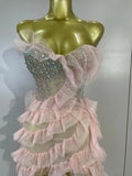 Sexy Strapless Mesh Ruffled Pink Long Dress Sparkly Diamond Birthday Evening Party PhotoShoot SeeThrough Nightclub Stage Costume