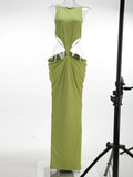 Fashion Halter Cowl Neck Cutout Floor Length Mermaid Dress for Women Backless Thin Strap Draped Ruched Bodycon for Party
