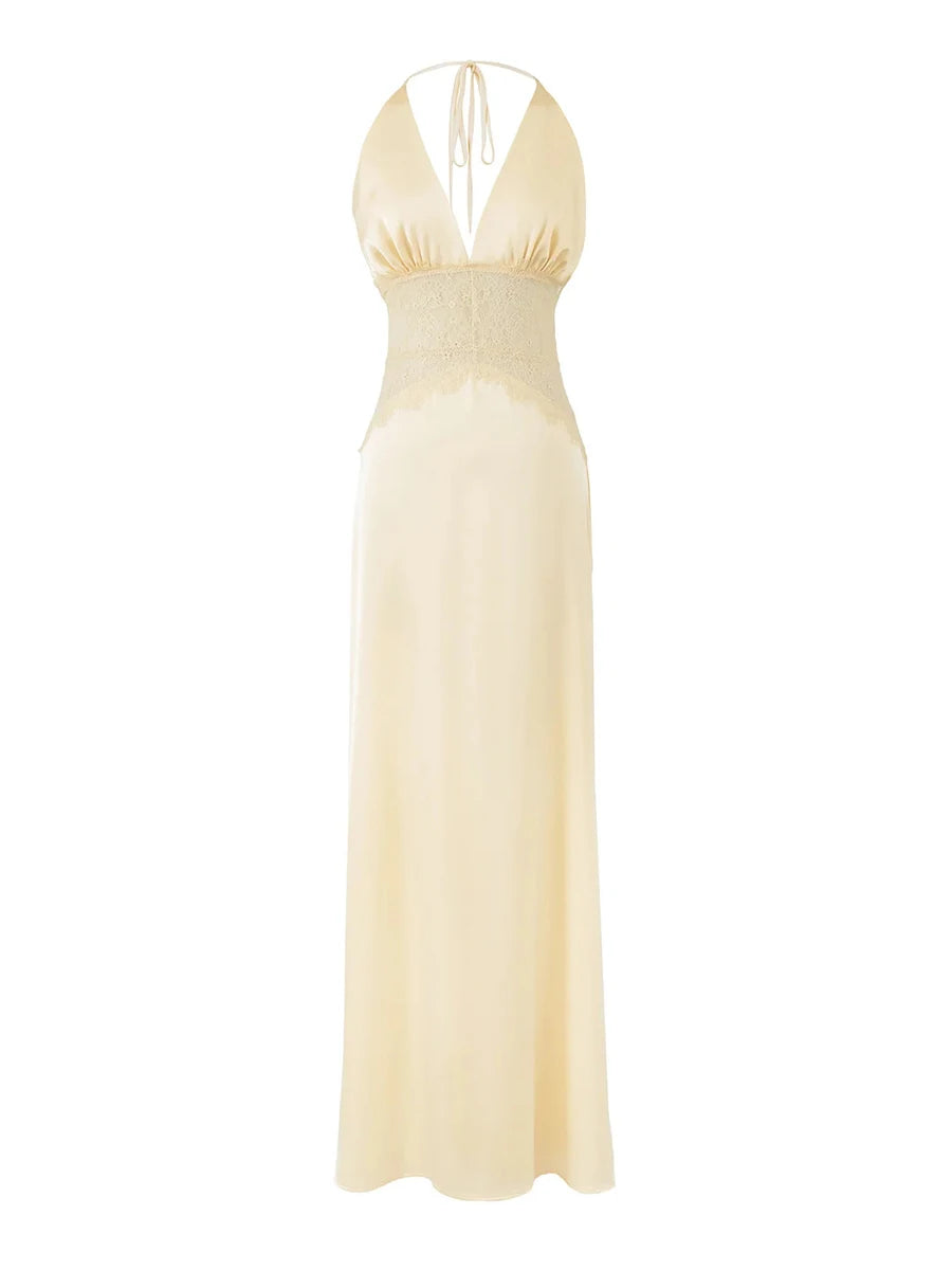 Luxurious Dinner Blue Halter Maxi Dress for Women Deep V Neck Spliced Sheer Lace Trim for Romantic Anniversaries