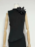 Sexy Stand Collar Flowers Pleated Patchwork Long Dress Women Sleeveless Folds Slim Elegant Dresses Evening Party Gowns