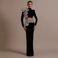 Women Long Sleeve Diamond Flowers 2 Pieces Bodycon Mini Bandage Dress Celebrate Nightclub Party Outfit Vestido