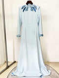 Elegant Long Sleeve Stand Sequin Slim Long Dress Women Pink Sky Blue Maxi Dresses Formal Eveing Party Club Gowns