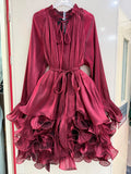 Ruffled Mock Neck Mini Dress for Women Tie Neck Long Sleeve Flare Cuff Self Tie Sash Waist Tiered Ruffle for Party Occasions