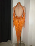 Women Latin Dance Outfits Bar Nightclub Party Club Stage Wear Sparkly Diamond Orange Tassel Long Sleeves Mesh Transparent Dress