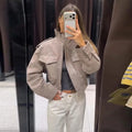 Vintage Waist Cinched Women's Suede Jacket Stand Collar Long Sleeve Single Breasted MilitaryJackets 2026 Autumn Lady Chic Coats