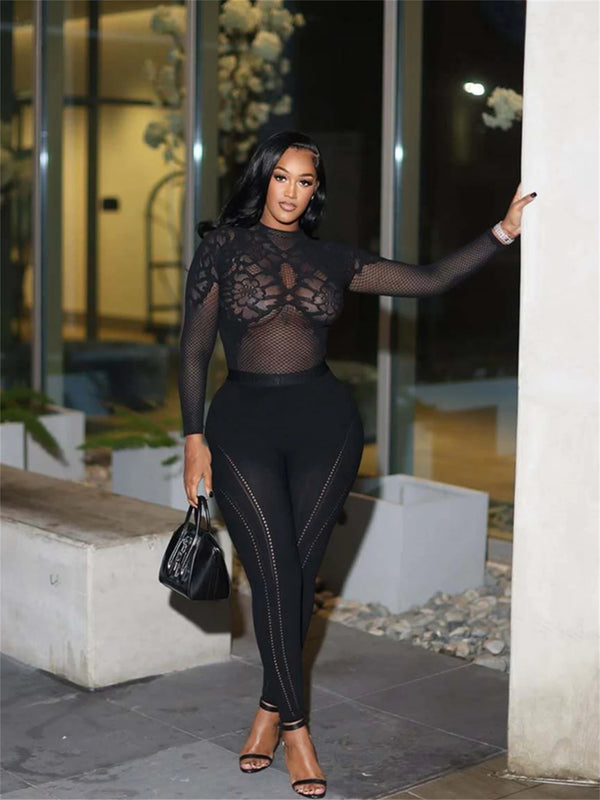 Wild See Through 2 Piece Set Women Sexy Jacquard Mesh Full  Sleeve Crop Top+Line Print Pants Stretch Club Streetwear