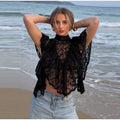 Sexy Cape Style Lace Perspective Top Women Half High Neck Short Sleeve Solid Irregular Pullover Lady Chic Casual Beach Top Cloth