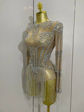 Full Sparkly Rhinestone Chain Sexy Mesh See Through Bodysuit Women Luxury Birthday Party Performance Dance Nightclub Stage Wear