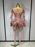 Women Sparkly Diamond Embroidery Long Sleeves Mesh Stretch Jumpsuit Evening Birthday Party Bar Nightclub Sexy Stage Show Wear