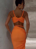 Bandage Ruched 2 Piece Set Women Square Collar Bra+Skinny Long Skirts 2025 Summer Vacation Beach Party Trend Suits