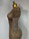 Luxury Sparkly Rhinestones Tassel Transparent Mesh Stretch Long Dress Women Evening Celebrate Birthday Dress Sexy Stage Costumes